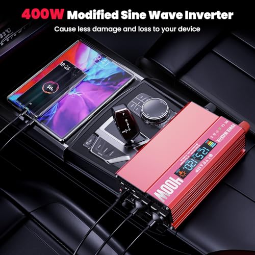OLTEANP 400W Power Inverter with LCD Screen Display, 2 AC Outlets, 36W Type-C Port, 5V/3A USB Port, 12V DC to 110V/120V AC Inverter for Truck, Home, Vehicles, Laptop, Trip
