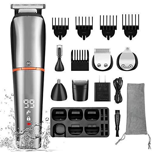 Professional Beard Trimmer for Men,Cordless Electric Hair Clippers Cutting Grooming Kit 6 in 1 Multi-functional Shaving Machines for Head Facial Nose Ear Body with Waterproof,LCD Display,USB Charge