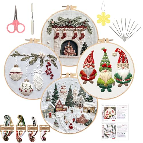 Image of Twshiny Christmas Embroidery Kit, Christmas Cross Stitch Kits for Adults Beginners Embroidery Kits with 4 PCS Embroider Patterns, Cotton, Threads, Needles & Instructions