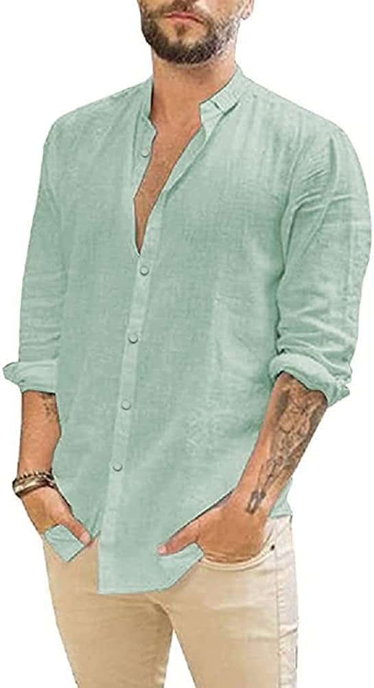 Glacspyg Camisa de Lino Camisa de Lino de Manga Larga para Hombre Camisa Casual Ajuste Negocios Casual Vacaciones