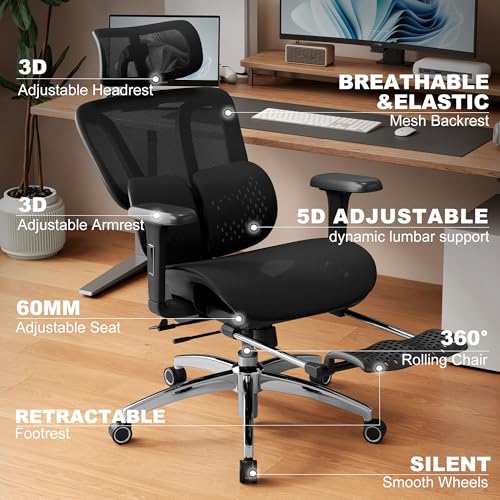 Image of Vonesse Ergonomic Office Chair with Footrest, Desk Chairs with Adjustable 3D Headrest and Armrests, Computer Gaming Chair with Dynamic Lumbar Support & Adjustable Depth Breathable Mesh Seat (Black)