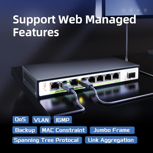 Image of 8 Port 2.5G Web Managed Ethernet Switch with 10G SFP+, Support LACP /VLAN /QoS /STP /IGMP, 2.5 Gigabit Network Switch for PC /NAS /AP, Metal Housing Fanless Ethernet Hub, Desktop /Wall-Mount