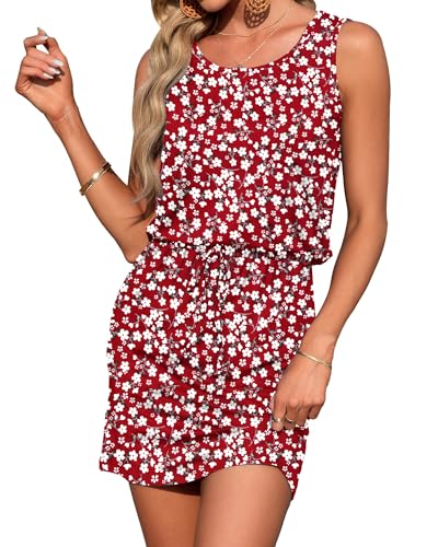 Image of AUSELILY Womens Summer Dress Casual Sleeveless Drawstring Short Dresses | Adjustable drawstring waist for a custom fit, plus 2 side pockets-perfect beach-to-street sundress