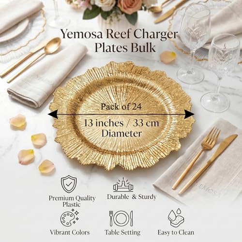 Yemosa 24 Pack Gold Charger Plates, 13inch Reef Chargers for Dinner Plates, Plastic Charger Plates with Round Ruffled Rim Decorative Dinner Tableware for Wedding, Party, Event Table Decor by Yemosa - Used condition - Image 2