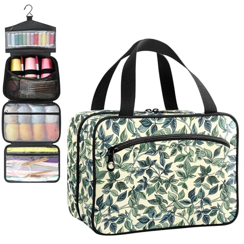 YNNALE Sewing Supply Organizer Bag, Vintage Green Leaves Retro Portable Sewing Bags with Pockets&Hanger, Sewing Storage Box Case for Sew Supplies/Kit/Tools/Accessories (BAG ONLY)