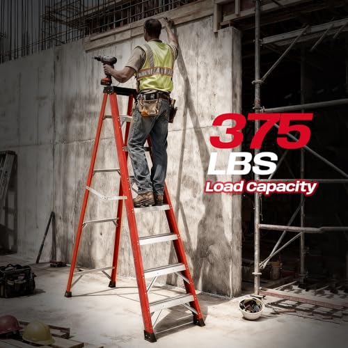 Image of Fiberglass Ladder, Single-Sided Stepladder for Electrical Engineering Ladder Construction with a Load Capacity of 330 pounds (7 Steps-Red)