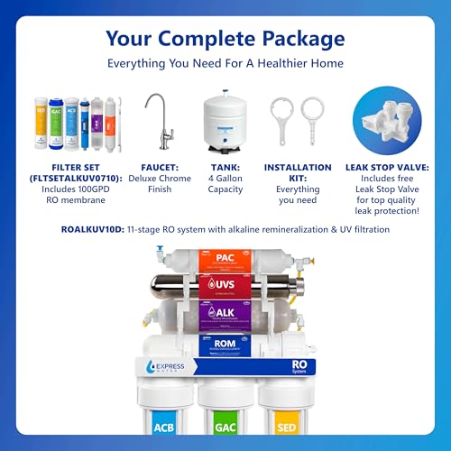 Image of Express Water ROALKUV10D 11-Stage Alkaline Under Sink Reverse Osmosis Water Filter System, UV Filter, NSF Certified 372, Reduces 99% of Impurities, BPA Free, Deluxe Chrome Faucet