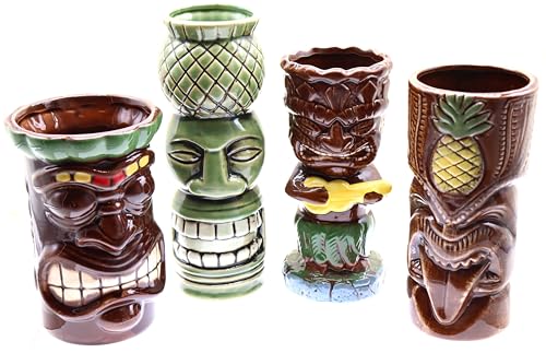 Set di 4 tazze Tiki Tropical Bicchiere da Cocktail Tiki Set di Tazze in Ceramica Ispirazione Cultura Polinesiana Bevande esotiche e tropicali hawaiane cocktail