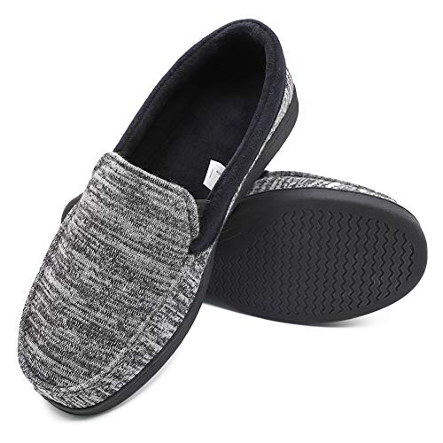 Mwfus Men's Comfy Memory Foam Moc Slippers Breathable Cotton Knit House Shoes Indoor Outdoor(Grey Stripes,Size 11)