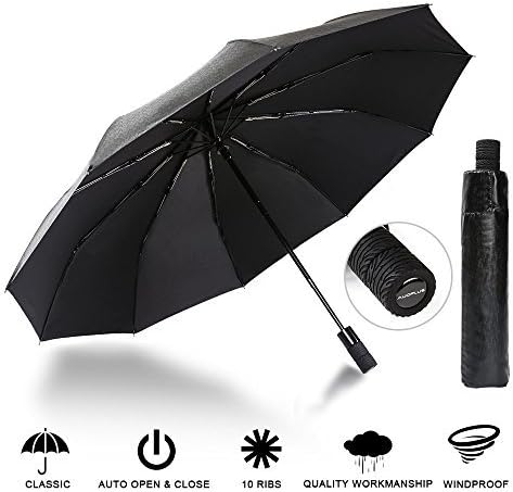 AUOPLUS Compact Travel Umbrella Windproof Large Reinforced Canopy Automatic Folding with 10 Ribs, UV Protection, Auto Open Close