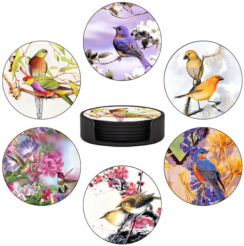 ABCHCHS Coasters Set of 6 - Classic Flowers and Birds Design - PU Leather Coasters for Drinks with Holder - Handmade Round Drink Coasters Set for Home Decor and Housewarming Gift