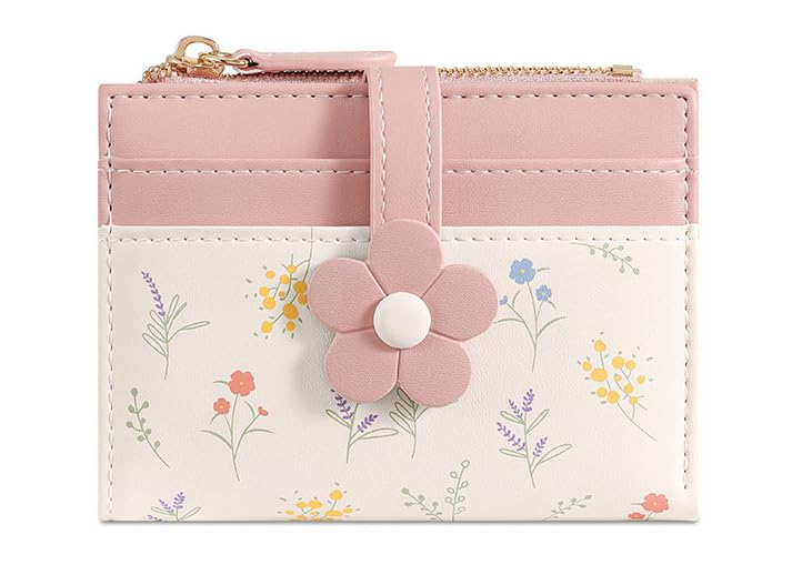 Women Mini Wallet with Zip Coin Pocket | Floral Print Card Holder Purse | Compact PU Leather Wallet for Girls & Ladies (Pink)