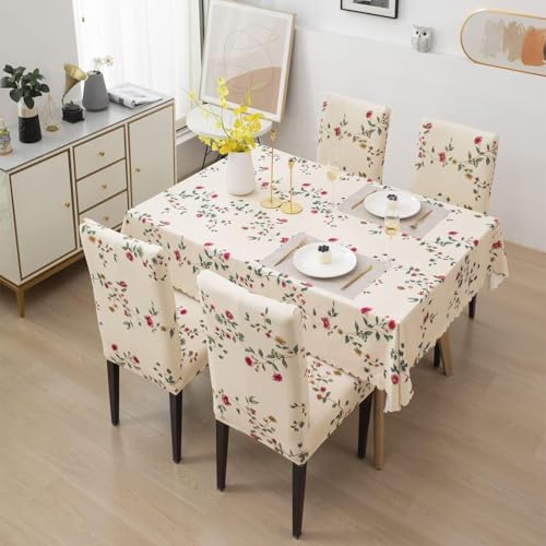 Image of Styleys Dining Chair Cover with Table Covers for Kitchen Waterproof Dining Table Cloth (1 Table Cover + 4 Chair Cover, Beige Tulip Flower, CTSD3128)