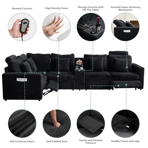 Image of RARZOE Oversized Modular Sectional Sofa with 2 Power Recliner, 5-Seater L-Shaped Corduroy Reclining Sofa with Storage Console Charging Cup Holders, Fluffy Power Reclining Couches for Living Room,Black