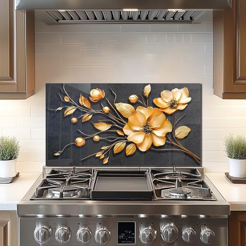 DAIFURONGE Tempered Glass Backsplash For Kitchen Behind Stove,Golden Flower Stove Back Top Cover,Easy to Clean Glass Splashback, Sink Cover Splash Guard,Home Kitchen Wall Decor (30