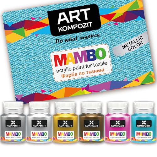 Metallic Acrylic Fabric Paint Set for Clothes Permanent. Colors 6x20 ml (0.68 Fl Oz). For Leather, T-shirt, Shoe, Upholstery, Furniture Non-Toxic, Long-Lasting, Waterproof