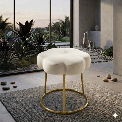 Image of Flower Ottoman Foot Stool for Bedroom and Living Room, Round Makeup Vanity Chair with Metal Legs and Soft Padded Seat-White