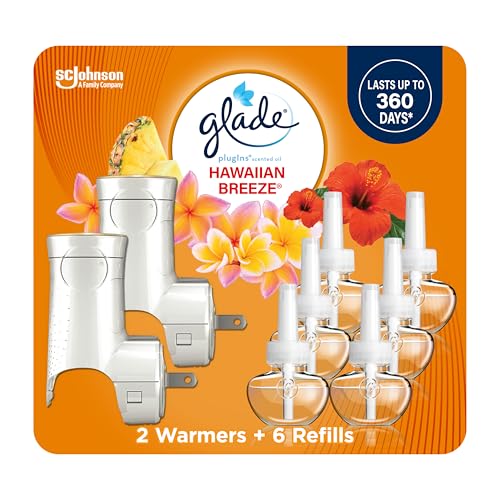 Glade PlugIns Refills Air Freshener Starter Kit Scented and Essential Oils for Home and Bathroom Hawaiian Breeze 4.02 Fl Oz 2 Warmers + 6 Refills