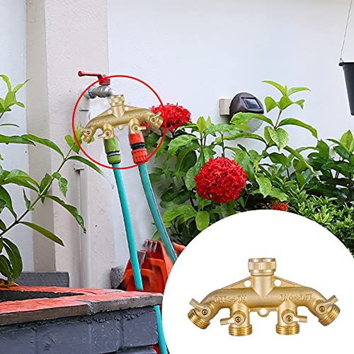 Image of Hourleey Brass Garden Hose Splitter (4 Way), Solid Brass Hose Connector 3 /4 inch, Hose Spigot Adapter 4 Valves with 4 Extra Rubber Washers