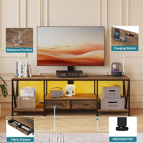 Image of 63 inch W TV Stand with Mount for 55,65,75 inch TV,Entertainment Center with Power Outlet&Led Lights,Height Adjustable TV Console Table with Open Storage Shelves&Fabric Drawers (Rustic Brown, 63 inchW)