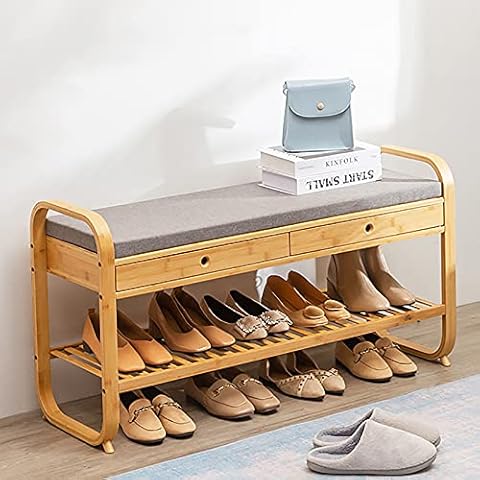 SS&LL Bamboo Shoe Rack Bench With Hidden Drawers,Cotton Linen Upholstered Entryway Shoe Bench Seat,Rustic Hallway Storage Bench Shoe Storage Organizer-Original 73x35x55cm(29x14x22inch) Cover