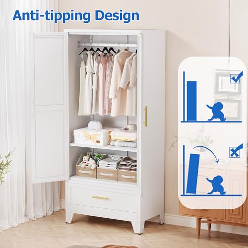 Image of GAIOUS Steel Armoire WardrobeCloset with Mirror Door and Drawer 71 inch White