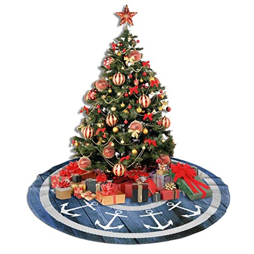 Cuamzst 48 Inch Christmas Tree Skirt White Anchors And Rope Nautical Blue Wood Tree Skirt Large Xmax Tree Mat For Holiday Party Home Decoration #TOP4