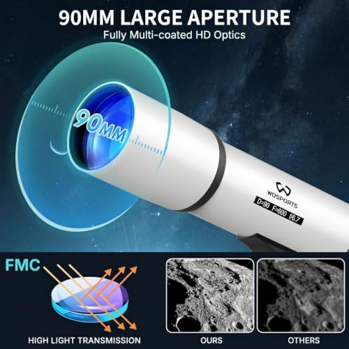 Image of 90mm Telescope for Adults High Powered, Magnification 180X | 600mm Astronomy Portable Professional Refractor Telescope for Beginners, with Adjustable Tripod, Phone Adapter, Carry Bag