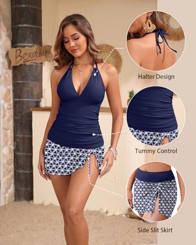 Yonique 2 Piece Swimsuits for Women Halter Tankini Top with Skirt Bottom Tummy Control Bathing Suit - Image 7