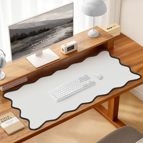 Image of Leather Desk Mat, XXL Large 31.4x15.7in Scalloped Gaming Mouse pad,Non-Slip Rubber Base Keyboard Pad Mousepad for Laptop Computer Game Home Office,Waterproof and Oilproof Desktop Mat I Gray