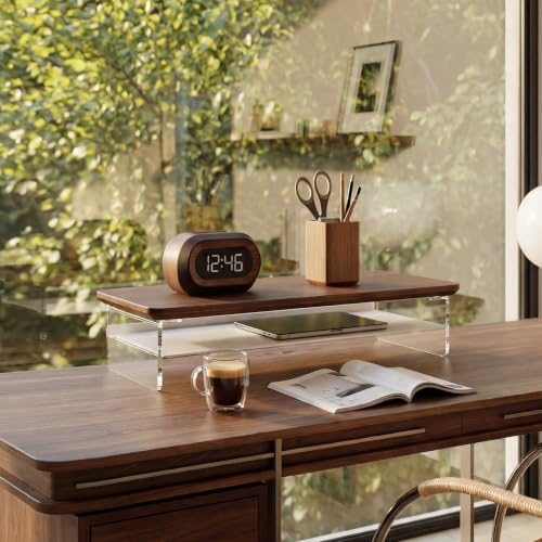 Image of Fenge 23.6 inch Dual Monitor Stand with Clear Acrylic Legs, Brown | Clear Acrylic, Storage Compartment, 2-tier Home Office Monitor Riser, Desktop Shelf Fit Monitor /Laptop /Printer