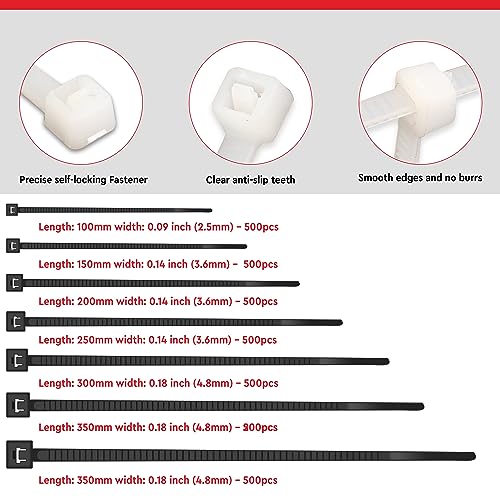 Image of Robustt Self Locking Cable Ties | 200 X 3.6 mm | 500 Pieces, White | Heat Resistant Cable Zip Ties | Self-Locking Cable Organizer | Anti - Slip Wire Organizer | For Indoor & Outdoor Use