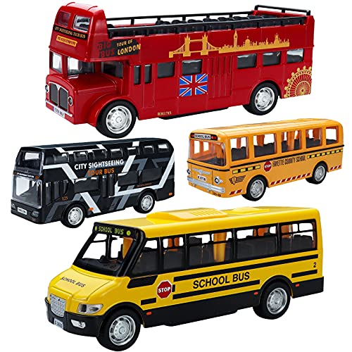 CORPER TOYS Bus Toys Die Cast Metal Toy Cars Pull Back School Bus Double Decker London Vehicles Friction Powered City Sightseeing Tour Bus Play Vehicle Toy Set for Kids 4 Pack with Lights and Sounds