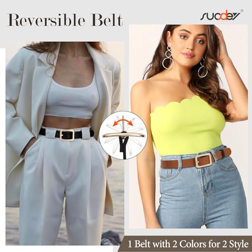 Image of SUOSDEY Women Reversible Leather Belts for Jeans Pants Dresses Ladies Black /Brown Belts with Fashion Gold Buckle, A: Black / Brown(type 1), fits waist from 28 inch-32 inch
