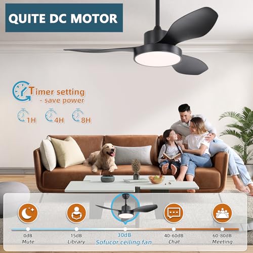 Image of Sofucor 47 Inch Ceiling Fan with Lights Flush Mount Modern Outdoor Ceiling Fans with Remote Control, 3CCT Dimmable 6 Speeds Quiet DC Motor & Timer for Patio Bedroom Living Room