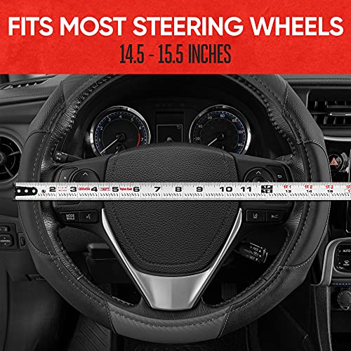 Image of Motor Trend GripDrive Gray Carbon Fiber Steering Wheel Cover, Standard 15 inch Size, Black Faux Leather Comfort Grip, Car Steering Wheel Cover for Auto Truck Van SUV