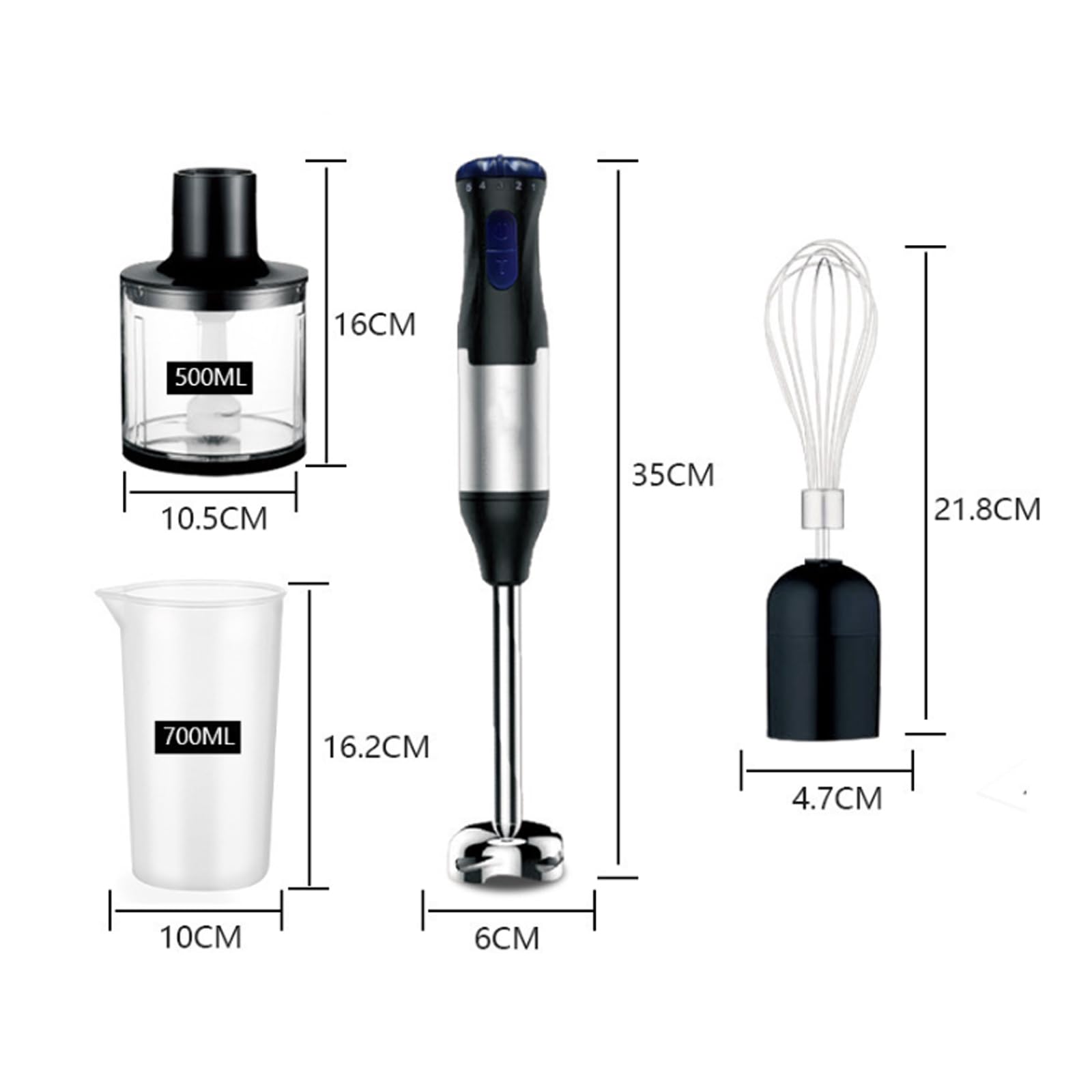 Ręczny blender zanurzeniowy 4 w 1, 1000W, wielobiegowy, funkcja Turbo, mikser ręczny z trzepaczką, siekaczem i miarką do domowych zup, shake'ów i deserów