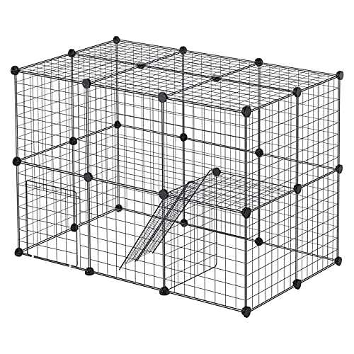 EUGAD Enclos Lapin Intérieur avec Porte, Parc Cochon d'Inde, Cage Modulable en Métal pour Animaux de Compagne, 2 Rampes, 28 Panneaux Grillagés, Noir, 35x35cm/pièce, 105x70x70cm