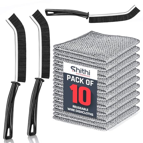 Image of SHITHI 13-Piece Cleaning Combo - 10 Reusable Stainless Steel Wire Dishcloths + 3 Tile & Gap Cleaning Brushes | Heavy-Duty Multipurpose Scrubber Set for Kitchen, Bathroom & Home Use