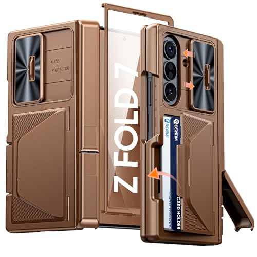 Image of for Samsung Galaxy Z Fold 7 Case with Card Holder RFID Blocking, Built in Slide Lens Cover & Hinge Protection & Kickstand & Screen Protector, Shockproof Wallet Case for Z Fold 7 (Desert Gold)