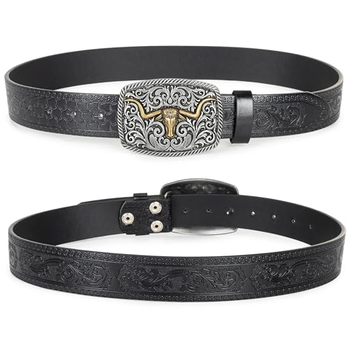 Image of Western-Cowboy-Leather-Belts for Women Turquoise-Oval-Buckle Embossed Belt