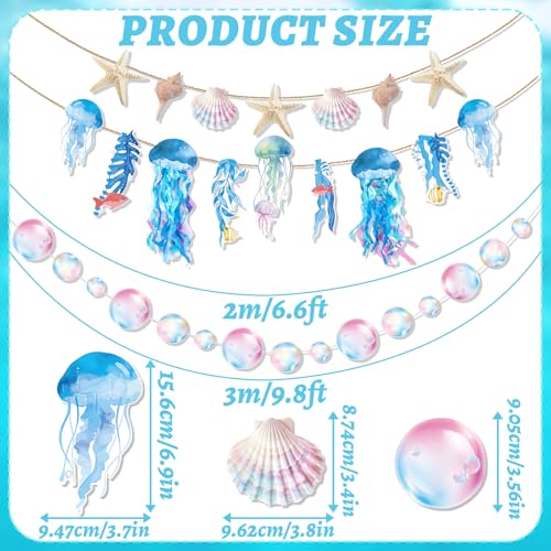 Image of SUNBEAUTY Starfish Seashell Banner Under The Sea Party Decoration Jellyfish Hanging Garland 9.8ft Blue Bubble Garlands for Ocean Beach Theme Birthday Decor Mermaid Summer Party Decor