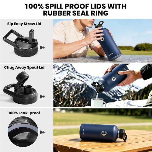 Image of RAYMYLO Insulated Water Bottle 87 oz, Triple Wall Vacuum Stainless Steel (Cold for 48 Hrs), Leak Proof & Non-BPA, Modern Water Flask Jug with Paracord Handle & Straw Spout Lids, Navy Blue