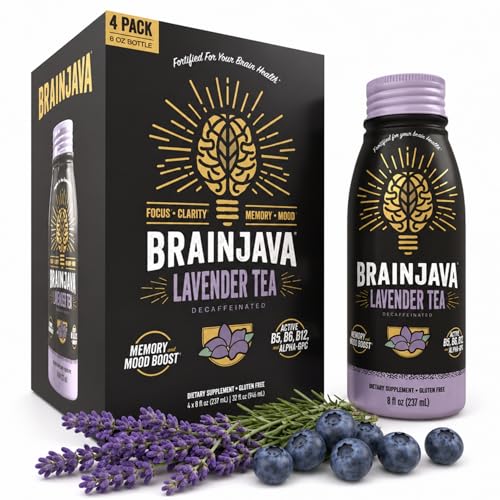 Brainjava Lavender Tea, Ready to Drink Beverage With L-Theanine, Vitamin C, Vitamin B, and Potassium for Daily Balance and Wellness, Caffeine Free, French Lavender With Blueberry Fruit, 8 Fl Oz, 4 Pack