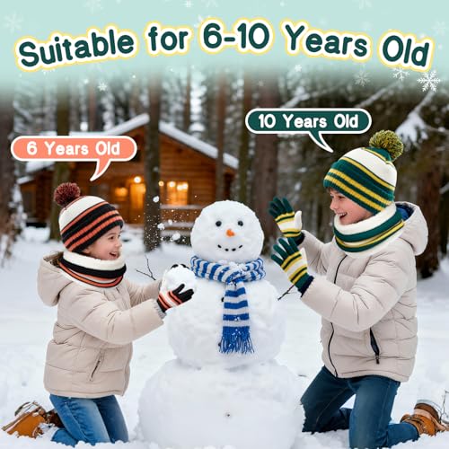 Image of Kids Winter Hat Gloves Scarf Set: Girls Boys Beanie Fleece Lined Ages 6-10