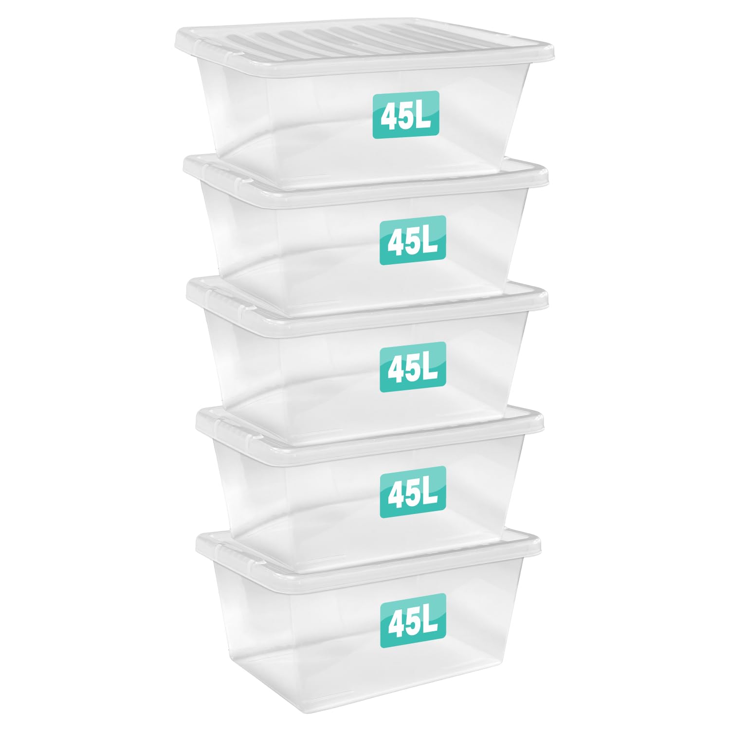 5 x 45 Litre Clear Plastic Storage Box With Lids Stackable Nestable