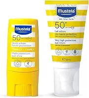 Mustela Combo Protetor Solar Stick FPS 50 8g Filtro Solar Facial em Bastão + Protetor Solar Infantil e Adulto Loção FPS 50+ 40 ml