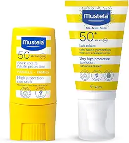 Mustela Combo Protetor Solar Stick FPS 50 8g Filtro Solar Facial em Bastão + Protetor Solar Infantil e Adulto Loção FPS 50+ 40 ml