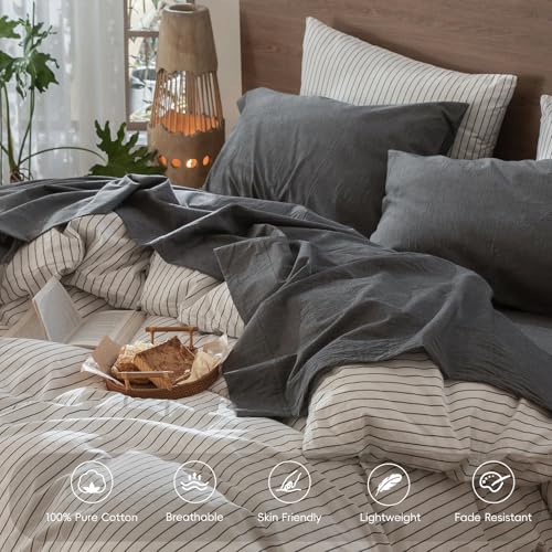 Image of MooMee Bedding Sheet Set 100% Washed Cotton Linen Like Textured Breathable Durable Soft Comfy (Heathered Dark Grey, California King)