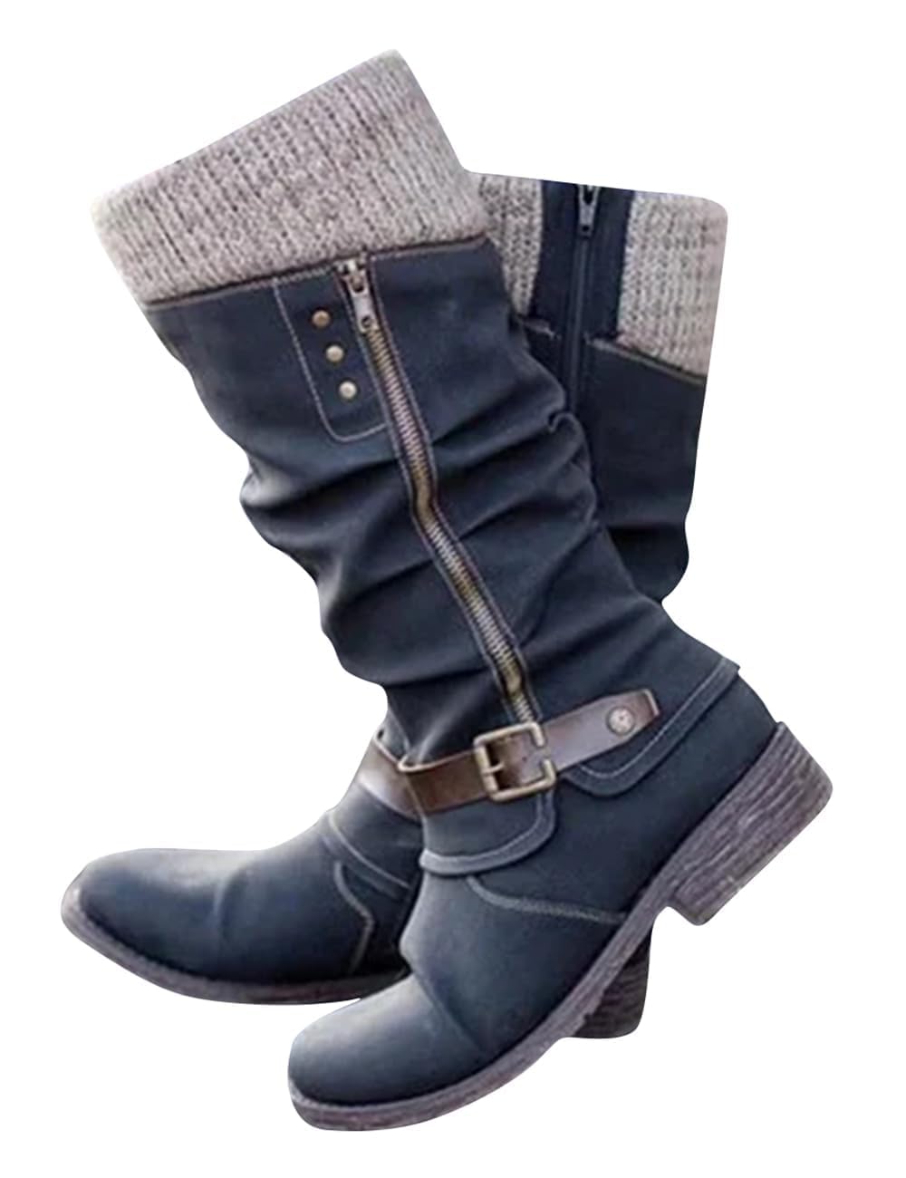 Knee High Winter Boots for Women Wide Calf Mid Calf Sweater Knitted Ruched Cuff Snow Boots Low Heel